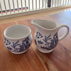 Made in England Blue & White Willow Pattern Sugar Bowl and Creamer